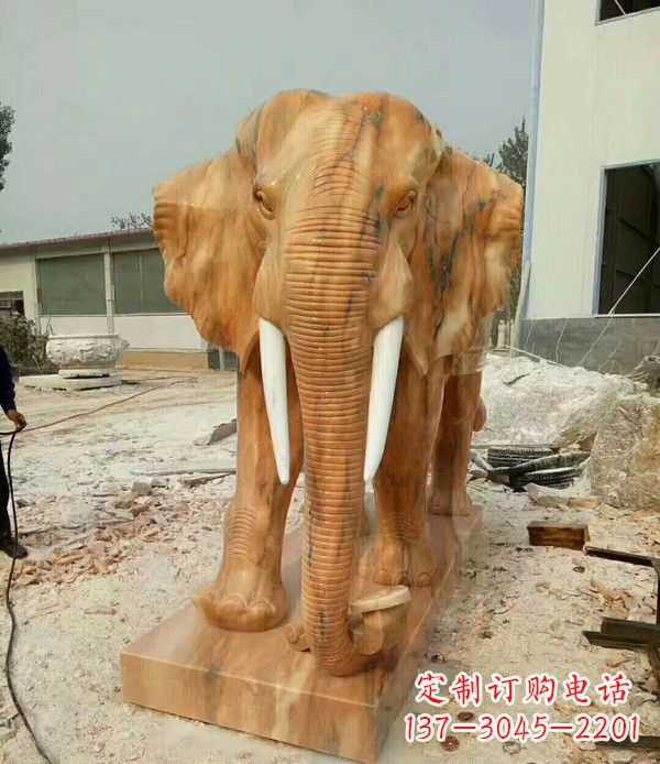 山东鼻卷如意晚霞红招财大象石雕