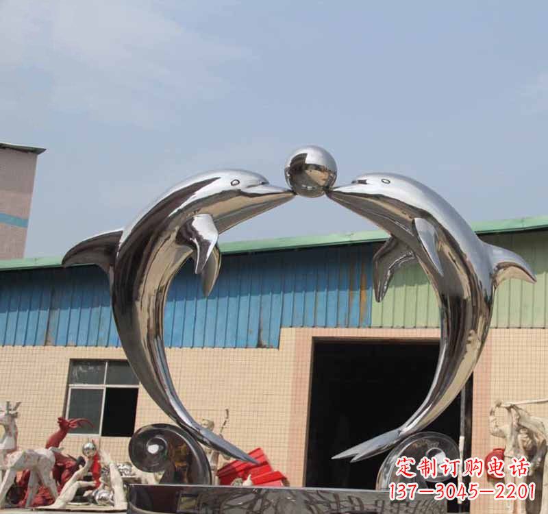 山东海豚之恋——不锈钢公园镜面海豚顶球雕塑