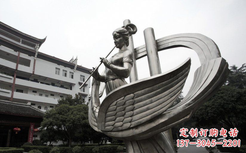 山东古典美女不锈钢吹笛子雕塑