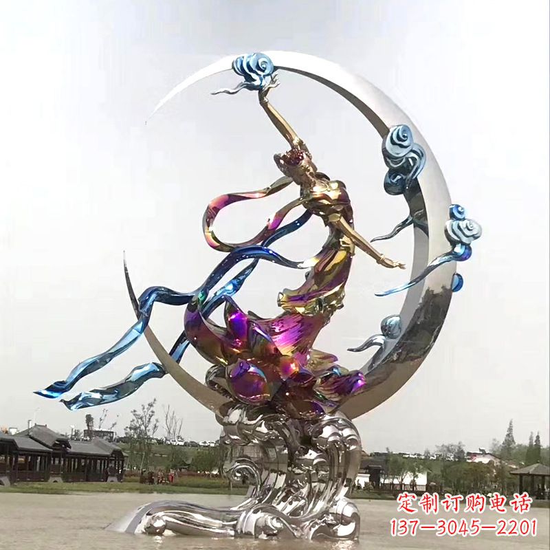 山东中国古代神话传说中的嫦娥奔月不锈钢雕塑景观