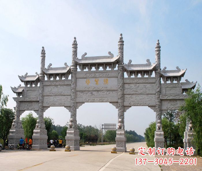 山东大型五门道路石雕牌坊定制