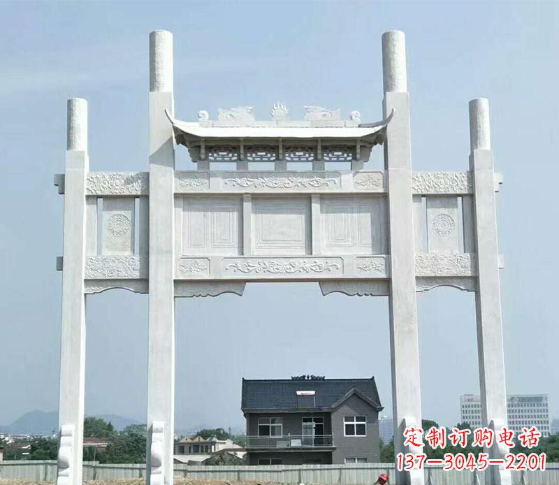 山东道路三门牌坊石雕 (4)