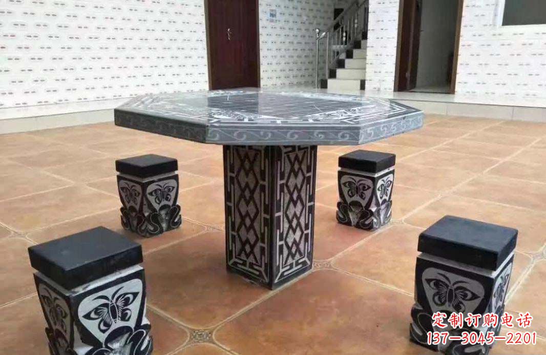 山东多边形雕刻仿古石桌凳