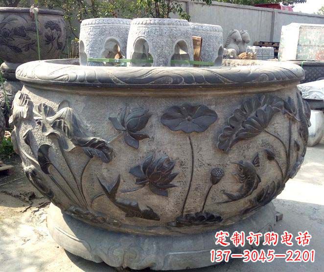 山东精美仿古荷花鲤鱼浮雕石水缸