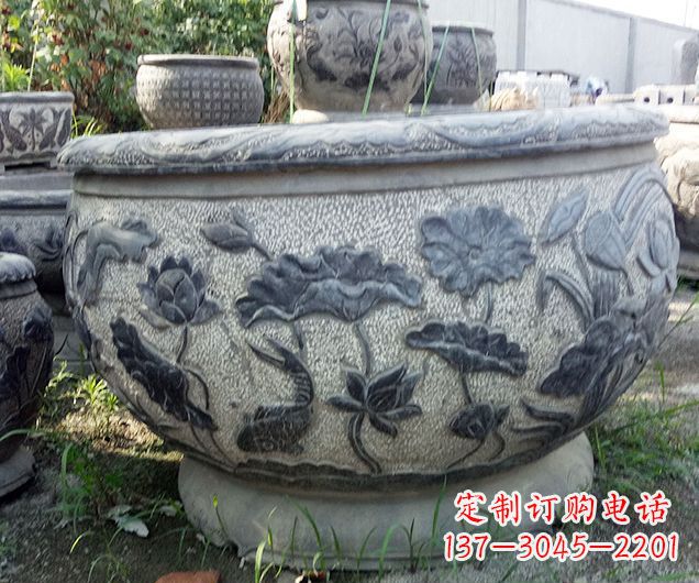 山东中领雕塑仿古荷花石浮雕水缸