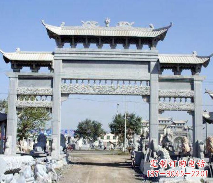 山东仿古三门牌坊石雕 (9)