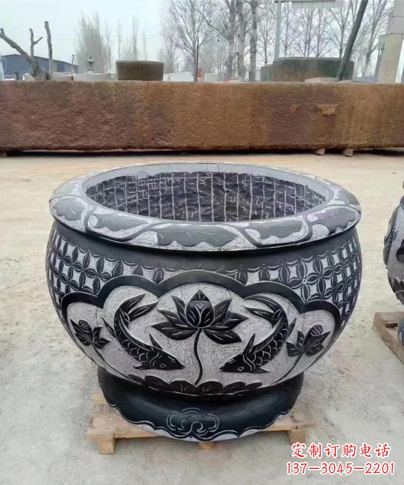 山东仿古石雕荷花鲤鱼水缸