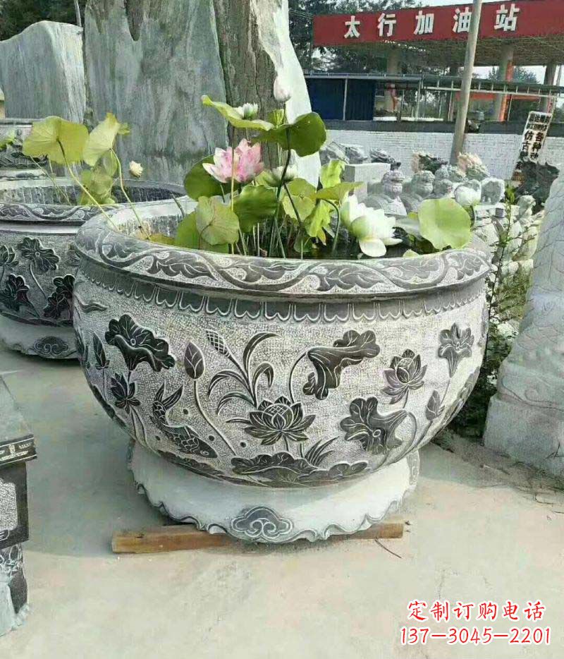 山东仿古石雕荷花水缸——精美的艺术品