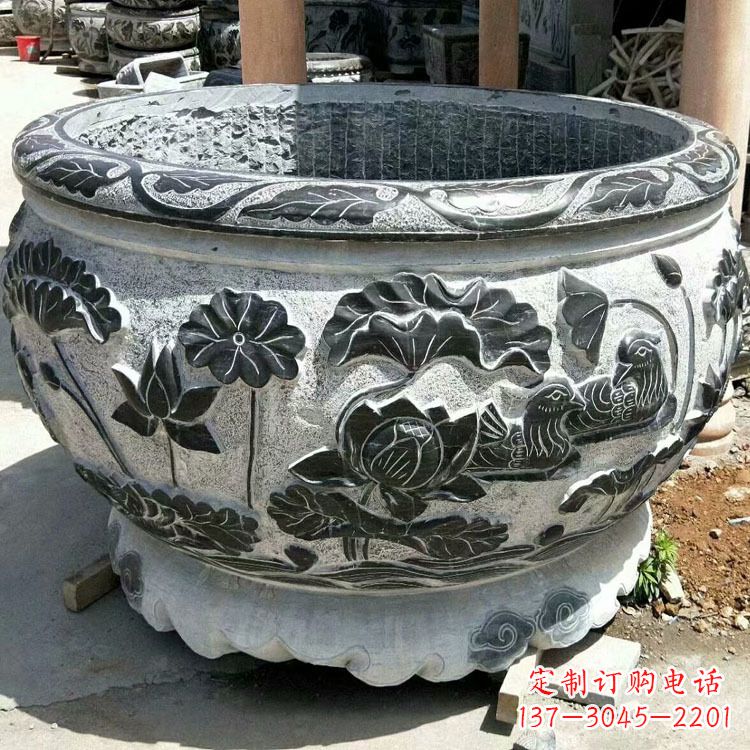 山东极致精细仿古圆形鱼缸石雕