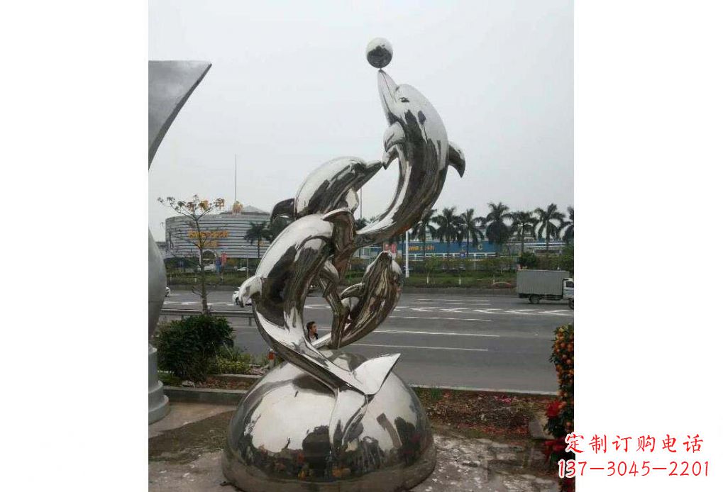 山东海豚系列不锈钢顶球雕塑
