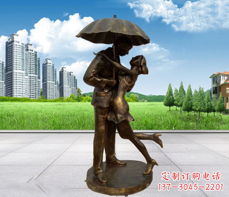 山东公园打伞接吻的情侣铜雕