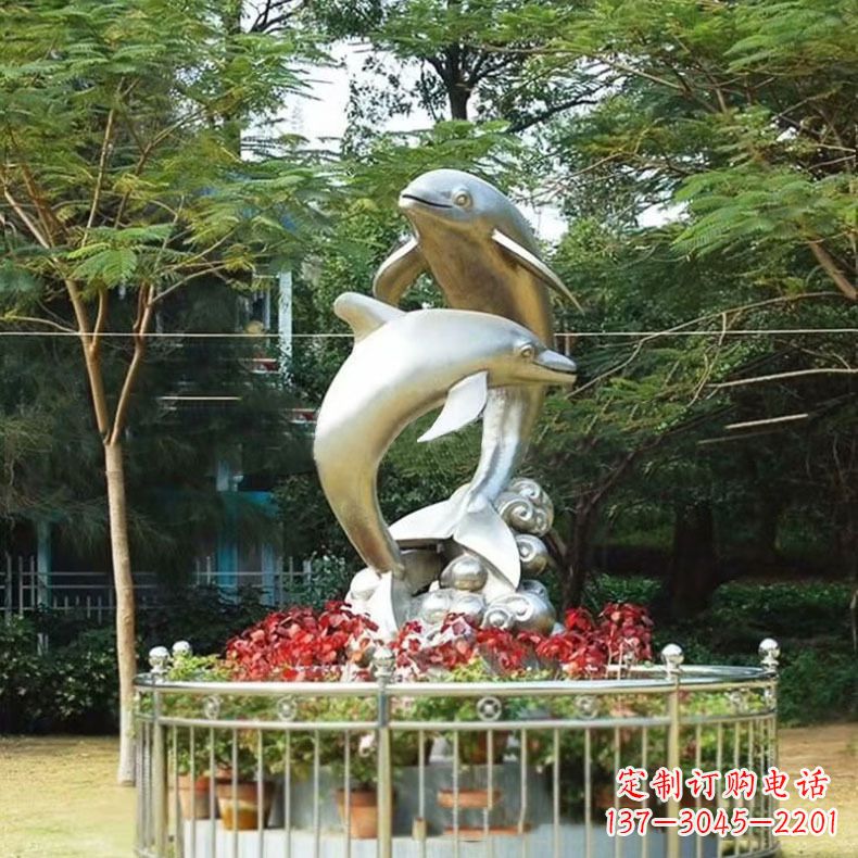 山东公园动物海豚不锈钢景观雕塑
