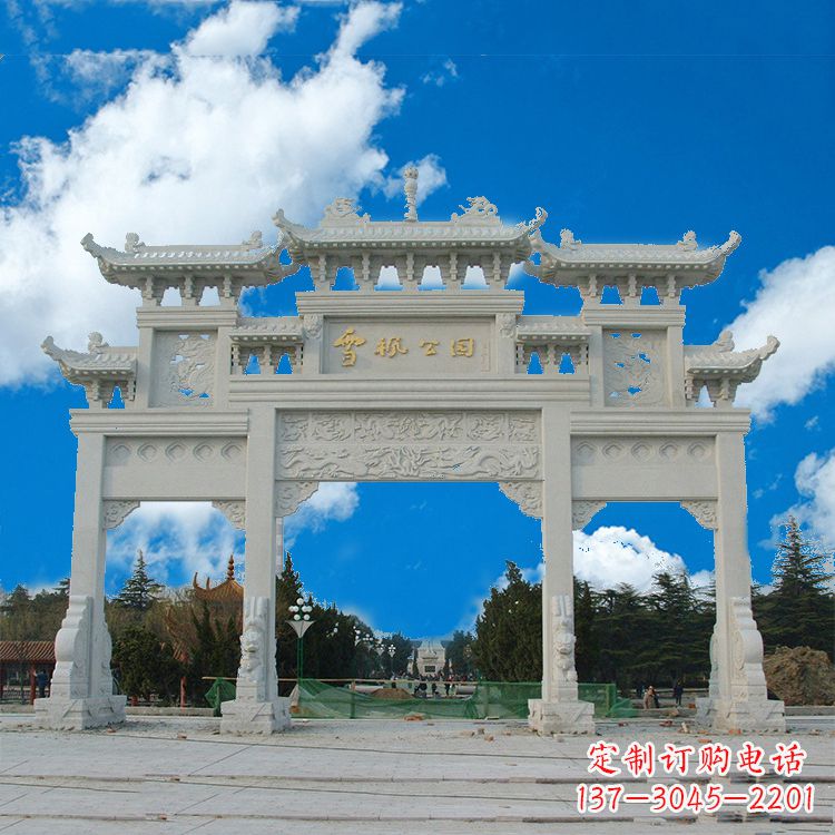 山东传承历史的精美汉白玉三门牌楼雕塑