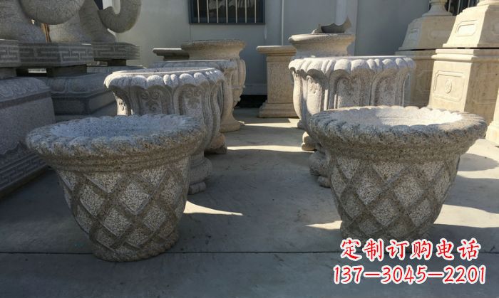山东公园景观花篮式花盆石雕 (2)