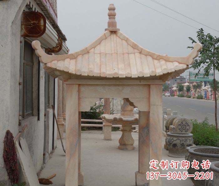 山东精美红六角石凉亭雕塑