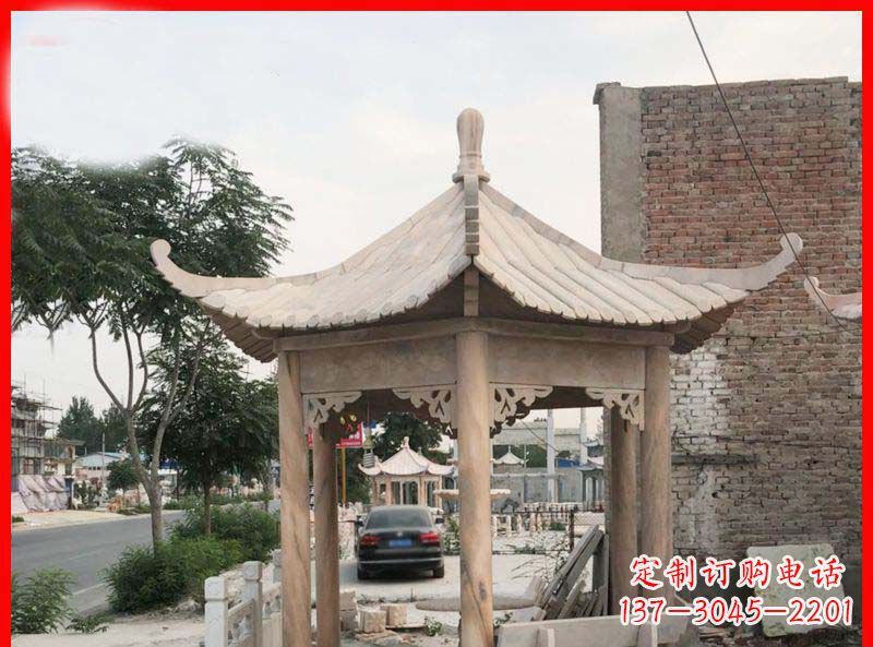 山东公园晚霞红六角石凉亭雕塑