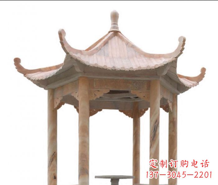 山东美丽而优雅的公园晚霞红六角石凉亭雕塑