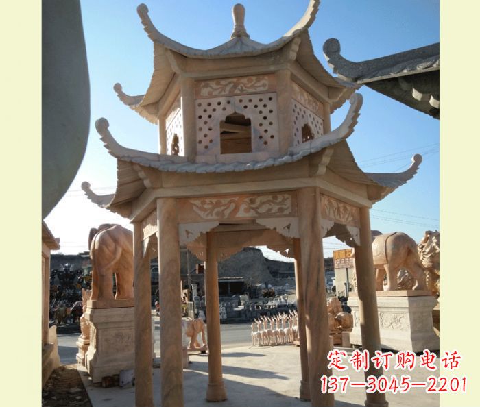 山东公园晚霞红六角双层中式石雕凉亭