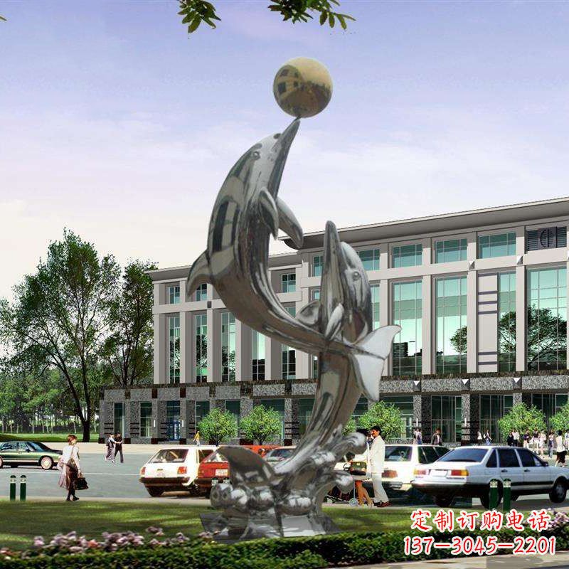 山东不锈钢海豚戏球雕塑,营造清新海岸风情
