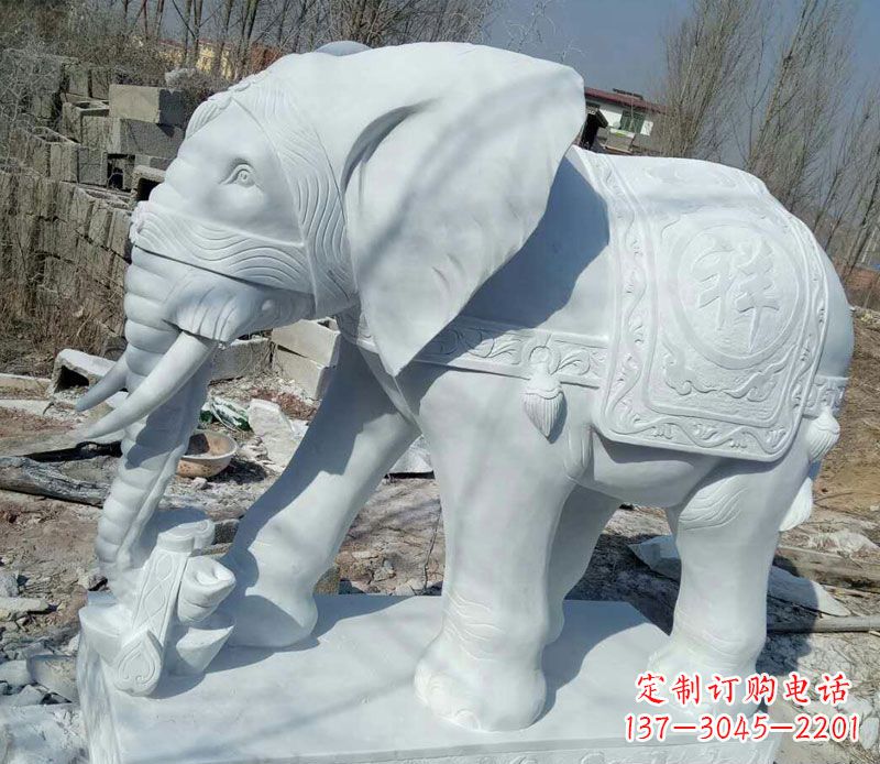 山东汉白玉吉祥门口鼻卷如意大象石雕