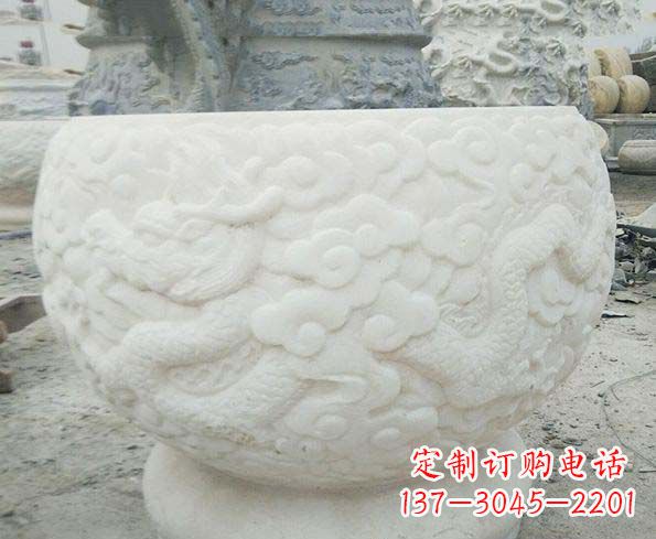 山东汉白玉龙浮雕招财水缸,让你家居多一份福气