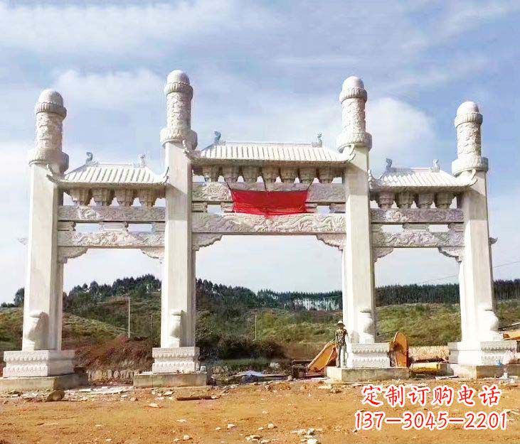山东汉白玉三门牌坊石雕