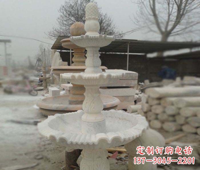 山东汉白玉三层别墅小型喷泉石雕,让你的空间更加优雅