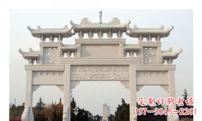 山东汉白玉三门牌坊石雕艺术品