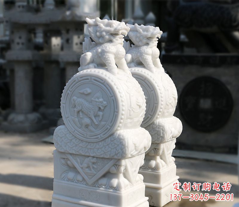 山东汉白玉狮子辟邪门墩雕塑
