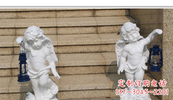 山东领雕塑-汉白玉小天使公园西方人物路灯石雕