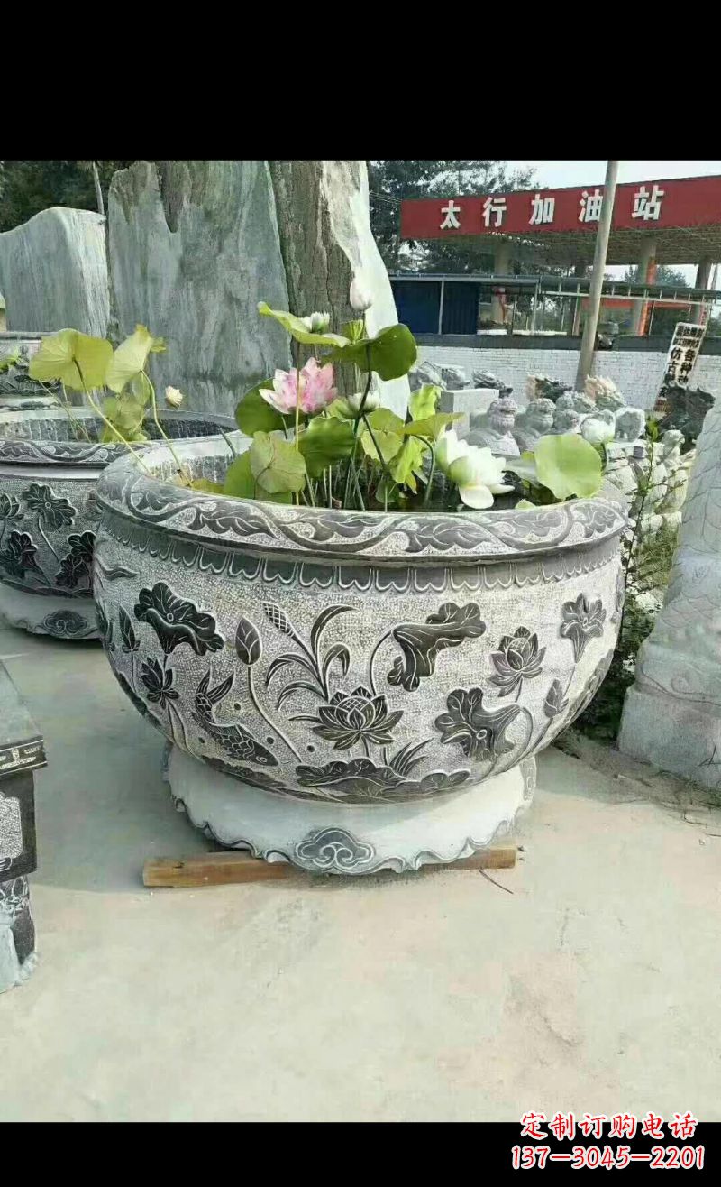 山东精美荷花鲤鱼石浮雕水缸