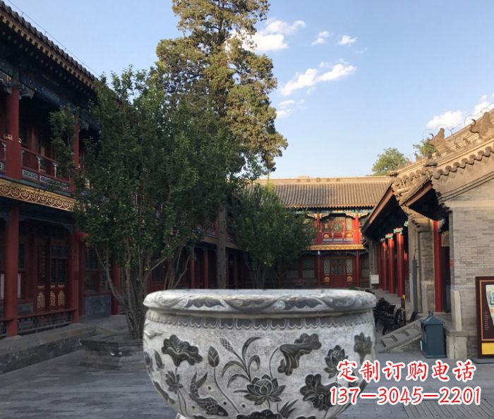 山东连年有鱼石浮雕圆形荷花水缸