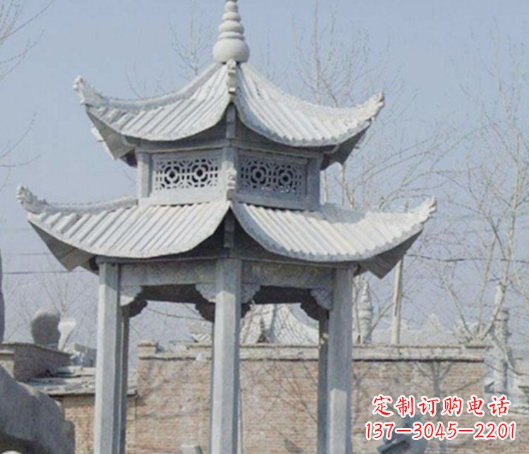 山东双层仿古六角凉亭石雕