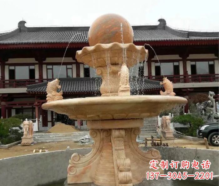 山东双层风水球喷泉晚霞红石雕