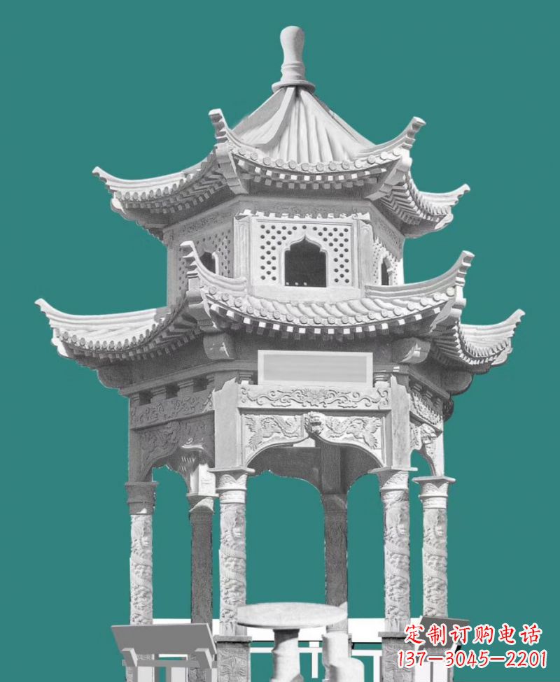 山东双层六角凉亭景观石雕