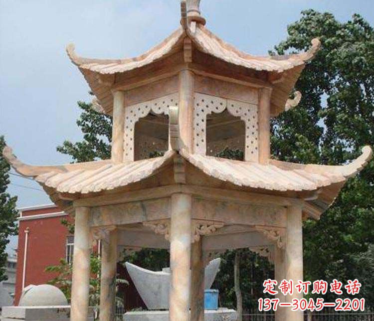 山东双层晚霞红凉亭石雕