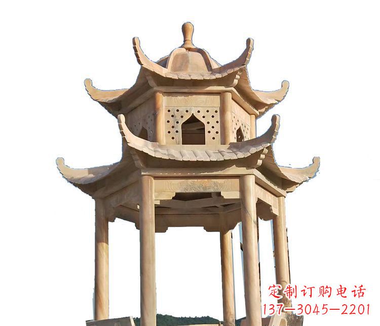 山东双层晚霞红凉亭石雕 (2)