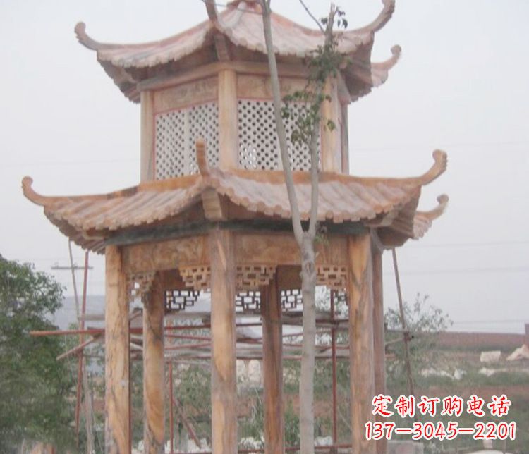 山东双层晚霞红石凉亭石雕 (2)
