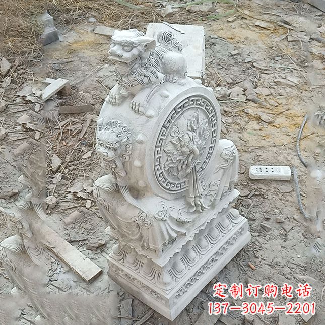山东双龙石雕门墩汉白玉狮子头