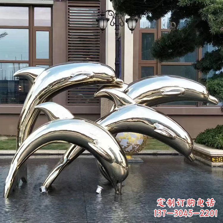 山东水景不锈钢海豚雕塑-城市广场创意动物雕塑