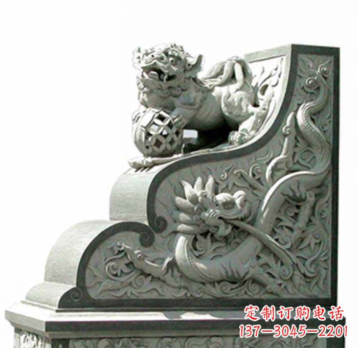 山东寺庙景观玩绣球狮子石雕门墩