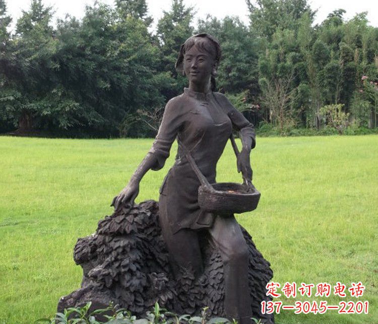 山东铜雕园林采茶女孩人物雕塑