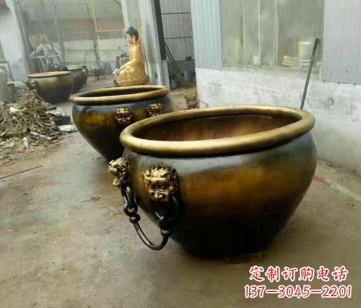 山东铜雕圆形荷花水缸雕塑 (2)