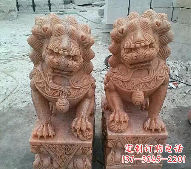 山东晚霞红传统狮子石雕