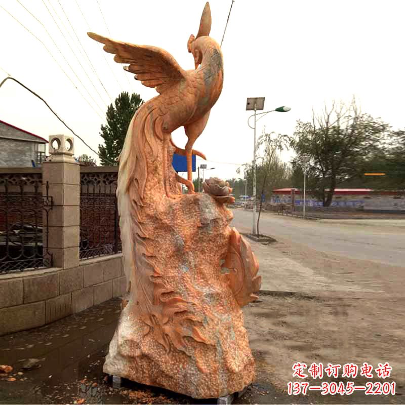 山东晚霞红大理石瑞鸟凤凰雕塑