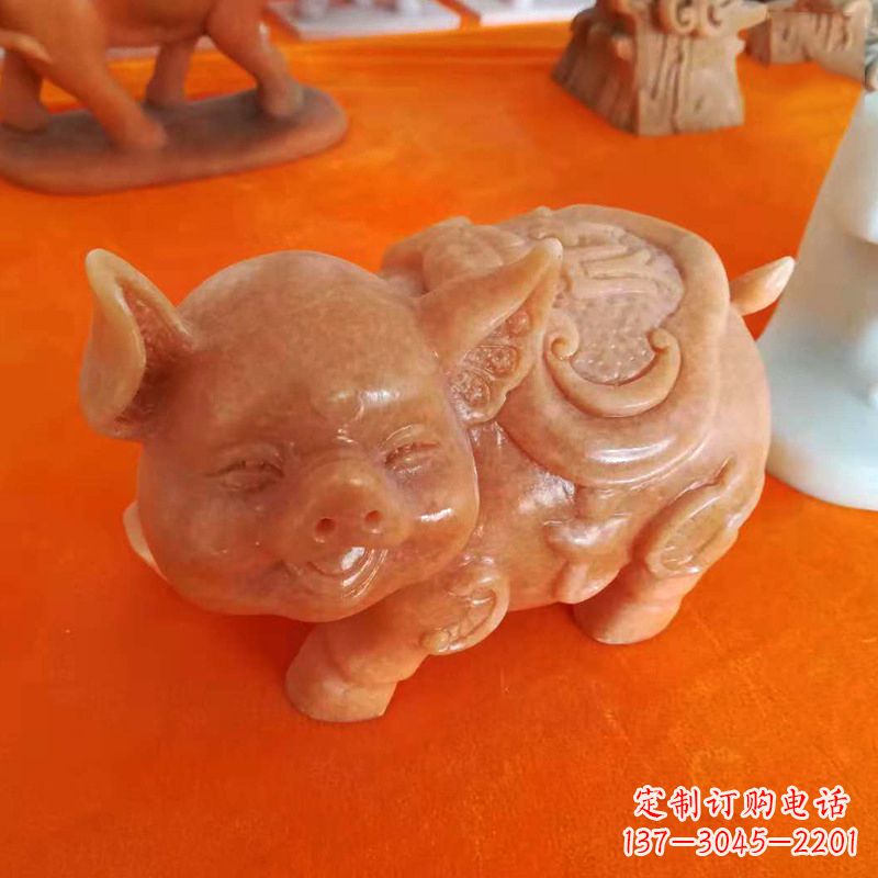 山东晚霞红大理石招财猪雕塑-企业商场创意生肖动物风水摆件