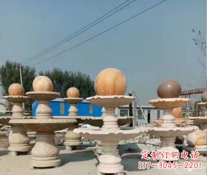 山东晚霞红多层风水球喷泉石雕