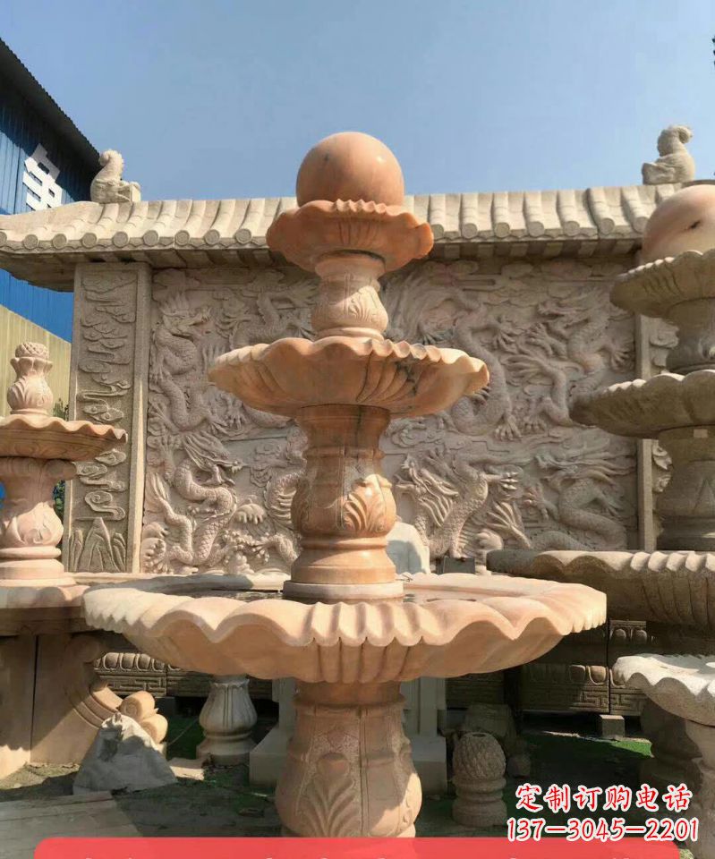 山东晚霞红风水球石雕喷泉 