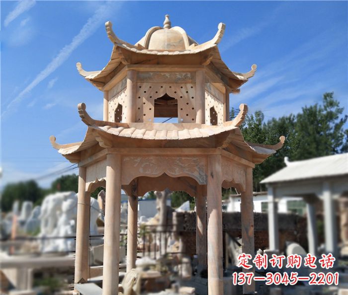 山东晚霞红公园双层六角凉亭石雕