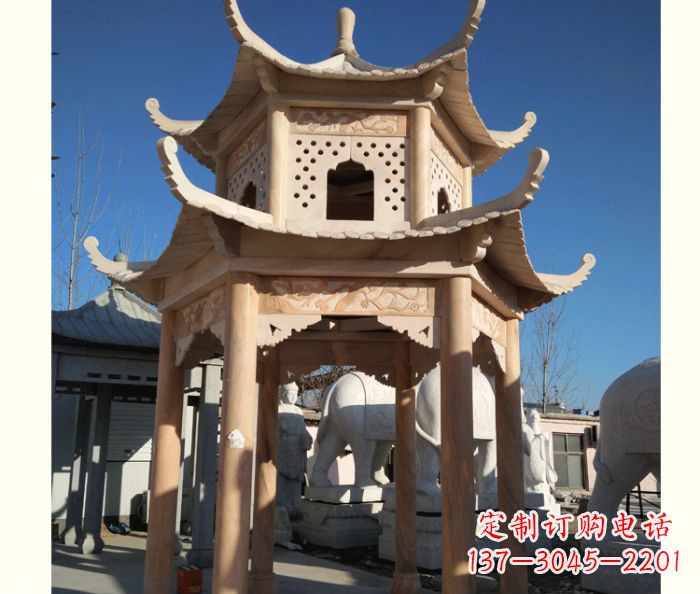 山东晚霞红公园双层六角凉亭石雕 (2)